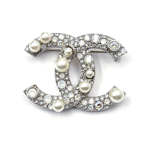 Chanel Silver CC Opal Crystal Pearl Small Brooch - Picture 1 of 4